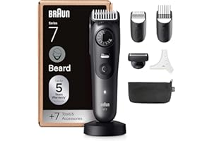 Braun Tondeuse À Barbe Series 7, + 7 Outils de Barbier, Lame ProBlade Affûtée Et Inusable, Jusqu'à 120 Min D'autonomie, 40 Longueurs, Étanche, Molette De Précision Et Verrouillage, BT7525, Gris
