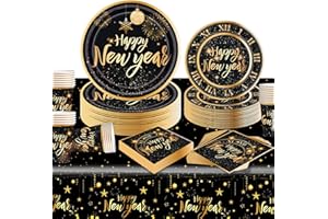 Antsparty 2024 Neujahr Partygeschirr für 20 Gäste, 81 Stück Neujahrsparty Deko mit Happy New Year Pappteller Pappbecher Servietten Tischdecke, 2024 Neujahrs-Countdown Party Supply