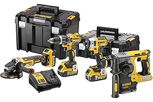 DEWALT ZESTAW 18V: Wiertarka udarowa bezszczotkowa, młotowiertarka, szlifierka kątowa i zakrętarka udarowa, 3x akumulator XR 18V, szybka ładowarka, walizka TSTAK II i TSTAK VI - DCK422P3T