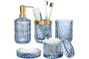 MLIJZARD Bathroom Accessories Set 5Pcs Glass Lotion Dispenser, Toothbrush Holder, Soap Dish, Tumbler & Jar, Stylish Bathroom Container Set Decor Organizer Ornaments Colors Optional
