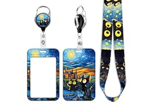 Juanooo Blue Starry Night Card Holder & Retractable Badge Reel Cute Cats Key Lanyard for Women Teachers ID Badge Cruise Ship Card Cool Reel Work School ID Holder