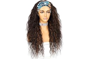 Sapphirewigs Curly Headband Wig Long Brown Synthetic Wigs for Women Loose Water Wave Headband Hair Glueless 150% Density 26 inch