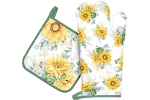 Arquiel Gants De Four & Maniques Lot De 2, 100% Coton Maniques Cuisine Gant Four Anti Chaleur Extra-Longue pour Barbecue, Cuisine, Griller, Micro-Ondes(Tournesol)