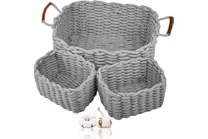 Owelth 3er Aufbewahrungskorb Geflochten, Baumwolle Korb Aufbewahrung Kinder mit Griffen, Körbe Wickeltisch Organizer aus Baumwollseil, Ablagekörbe Speicher Organizer für Kinderzimmer, Wickelkommode
