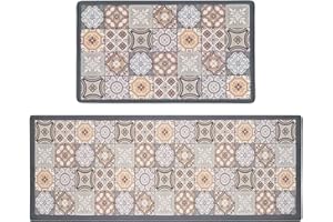 RECYCO PVC Kitchen Mats Sets 2 Pieces Non Slip Waterproof Kitchen Floor Mats,Anti-Fatigue Kitchen Rugs Washable Cushioned Kitchen Runner Rug Set,44X76+44X120cm,Ceramic Tile