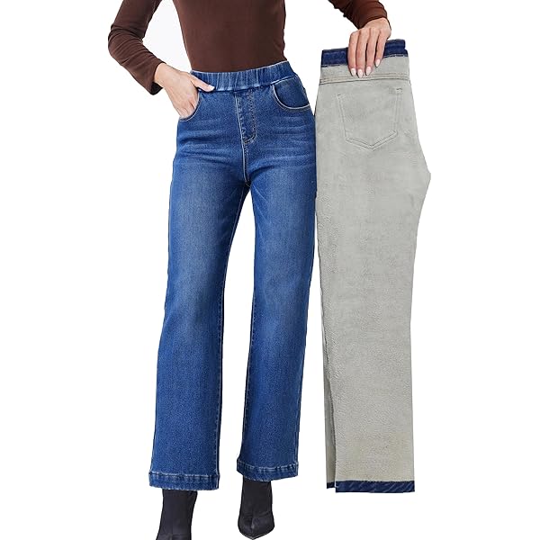 Fakanhui Dames Fleece Gevoerde Brede Pijpen Baggy Jeans Winter Thermische Warme Flanel Jean Losse Y2K Boyfriend Denim Broek, Licht, M