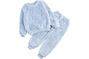 inhzoy Ensemble Pyjama en Flanelle Chaud pour Enfant Fille Garçon Haut Col Rond & Pantalon Vêtement d'intérieur Maison Nuit Polaire Epais Hiver Chaud 12 Mois-14 Ans