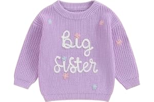 Bufarromio Little Baby Girls Casual Sweater Big Sister Letter Flower Embroidery Long Sleeve Knitwear Round Neck Fall Winter Pullover