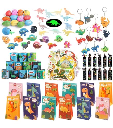 Zaxiva 73PCS Regalini Fine Festa Compleanno Bambini, Gadget Dinosauri Bambini, Goodie Partern Borse Con Adesivi, Portachiavi E Adesivi Tatuaggio Luminoso, Pensierini Compleanno Dinosauri - 6