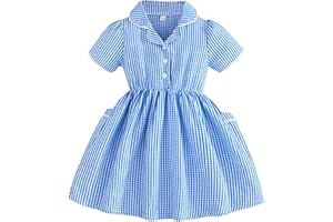 Guoegh Girl School Dress Pleated Gingham Summer Dresses Striped A-line for Kids 4-13 Years