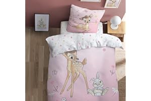 CTI Disney Bambi Flowers Parure de Lit Enfant 1 Personne | 100% Coton | Oeko-TEX | Housse de Couette 140x200 cm + 1 Taie d'oreiller 63x63 cm | Imprimé Réversible Fille | Rose