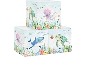 HUUMONSS 30cm Boîtes de Rangement Lot de 3 Animaux Marins Livres Rangement de Vêtements pour Placard Étagères Coffre à Jouets Enfant Requin Tortue Méduse Raie Algue