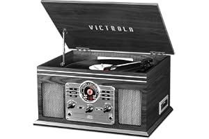 Victrola The Quincy 6-i-1 Bluetooth- och vinylspelare med inbyggda högtalare – multimediecenter med 3-hastigheters skivspelare, CD- och kassettspelare, AM/FM-radio och trådlös musikströmning