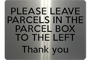 xtra-print 1528 PLEASE LEAVE PARCELS IN THE PARCEL BOX TO THE LEFT Metal Aluminium Plaque Sign (85x54mm Credit Card Size, Brushed Silver)