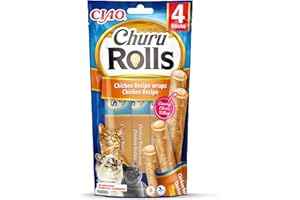 INABA Churu Rolls Bastoncini di Pollo con Cuore di Pollo - 1 Pack (4 Stick x 10gr) - Snack per Gatti Morbido e Cremoso - Cibo per Gatti Senza Conservanti o Coloranti Artificiali, Grain-Free