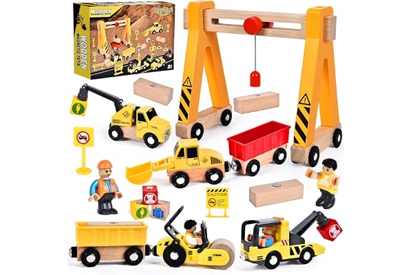 Herenear Véhicule Chantier Jouet en Bois, Voiture Jouet avec Grue à Portique, Excavateur, Grue, Rouleau Compresseur, Cadeau Jeu Educatif pour Enfants Garçon Fille 3+ Ans