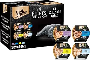 Sheba Fillet Assortments Wet Cat Food Mix of 4 Dome Chicken with Shrimp and Tuna, Natural Chicken Fillet, with Sustainable Tuna, and Sustainable Whitefish, Premium Wet Cat Food, 32 x 60g