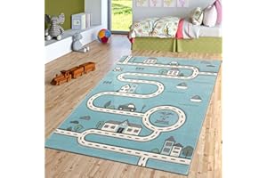 TT Home Tapis pour Enfant Chambre d'enfant Moderne Tapis d'apprentissage Design Route Voiture Maison Bleu, Dimension:120x170 cm