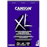 Canson XL, Mixed Media Fluid Paper, Soft, 250 g, Spiral on Short Side, A3-29.7x42 cm, Extra White, 30 Sheets