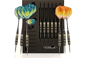 CC-Exquisite Lot de 6 fléchettes professionnelles à pointe en acier – 22 g en laiton avec 12 ailettes standard/mince, 12 tiges en aluminium de 35/48 mm, 12 joints toriques, outil de fléchettes, aiguiseur de fléchettes et étui (noir et doré)