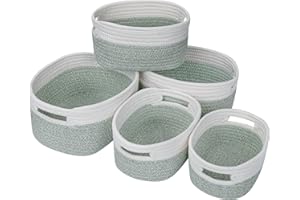 Ezvsevuo Juego de 5 Cestas Almacenaje Tejida de Algodón, Cestas Almacenaje Bebe, Cestas Organizador para Dormitorio, Baño, Salones, Cocina, Juguetes, Ropa - Verde & Blanco