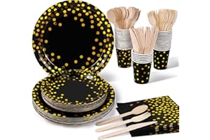 Nkaiso 140pcs Party Vaisselle,Kit Vaisselles Anniversaire Assiette Dîner Papier Tasse Serviette, Enfants Party Fête Mariages Baby Shower Noël, 20 invités (Noir Or)