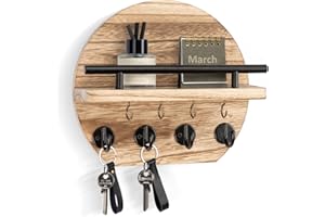 Nekon Key Holder for Wall - 9.8 Inch Apartment Wall Decor with Shelf and 8 Key Hooks, Circular Wood Key Hanger for Home Decor (Wood)