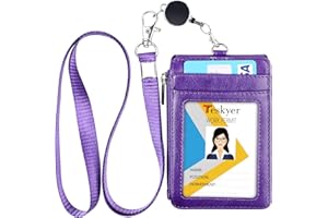 Teskyer Porta Tarjetas Identificativas, con Cordón Retráctil, Cordón de Nylon, Cuero PU, con Bolsillo de Cremallera, 4 Ranuras Para Tarjetas, Púrpura