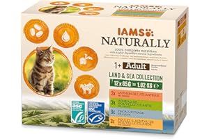 IAMS Naturally cibo umido in salsa per gatti - Cibo umido di alta qualità con carne e pesce per gatti adulti, Land & Sea Collection, 12 x 85 g