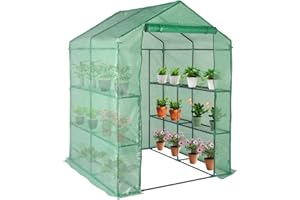 Outopee Walk In Compact Greenhouse, PE Plant Green House with 6 Tiers 8 Shelves, Zipper Rolling Door, Portable Outdoor Plant House for Garden Growing, 143 x 143 x 195cm