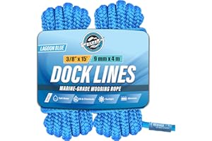 WAVESRX 3/8” x 15’ (2PK) Premium Double Braided Nylon Dock Lines | UV & Saltwater Resistant Boat Mooring Ropes with Loop