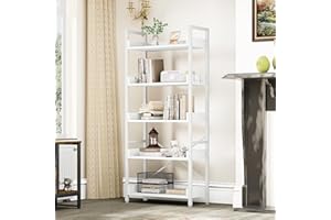 YITAHOME Libreria a 5 Ripiani, Scaffale da Terra, Scaffale in Legno e Scaffali con Struttura in Acciaio Stabile con 4 Ganci Scaffale Industriale per Soggiorno, Casa e Ufficio, Bianco Puro