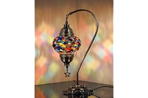 DEMMEX Authentic Turkish Lamp, Made in Turkey, Turkish Moroccan Mosaic Table Bedside Lamp, 100% Handcrafted, Antique Brass Color Metal Body and Decorated Metal Base, 15", Multicolor