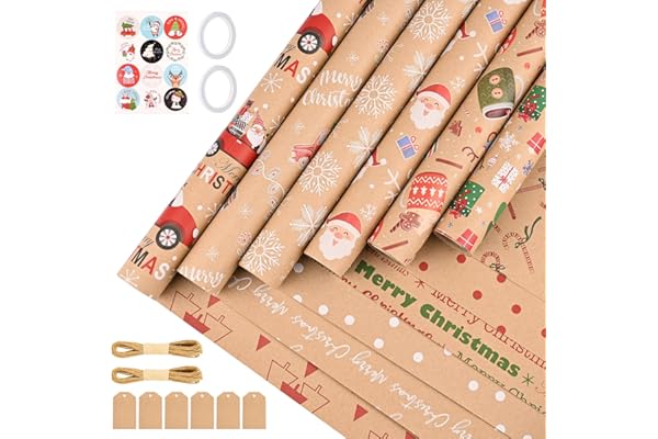 GuKKK Papel de Navidad, 6 rollos 43 cm x 3 m Papel de Navidad, Doble cara con Diseños Navideños, Papal de Regalo kraft con Cinta de Doble cara para Envolver