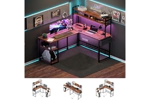 Flamaker L Shaped Gaming Desk with LED Lights & Power Strips, 120x140cm Reversible Corner Computer Desk with Storage Shelf and Hutch, Home Office Desk, Rustic Brown