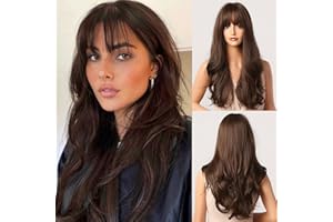 Kellynee Dark Brown Wig with Bangs - Long Wavy Brunette Wigs for Women, Natural Realistic Synthetic Heat Resistant Hair, Best Natural Wigs for Daily/Halloween/Party/Cosplay
