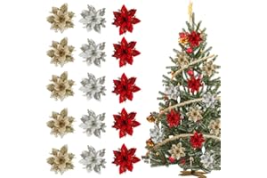 FainFun Poinsettia bożonarodzeniowy brokat, 15 sztuk 14 x 14 cm ozdoby kwiatowe na choinkę, złoty kwiat wigilijny srebrny czerwony, świąteczny kwiat do dekoracji (złoty, czerwony, srebrny)