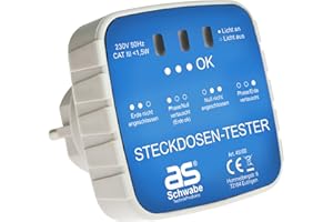 as - Schwabe Anschluss-Prüfstecker – Diagnose-Stecker mit Kontrollleuchten-Anzeige – Kontrolle von korrekten Verdrahtungen in Schutzkontaktsteckdosen 230 V – Stromkreis-Prüfgerät – Weiß/Blau, 45100