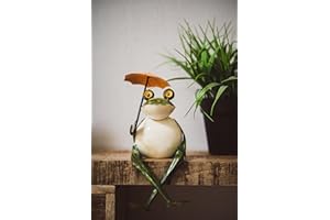 ‎DARO DEKO Metall Dekofigur Kantenhocker Frosch mit Schirm 18 x 31cm grün Garten-Figur Deko Skulptur Tierfigur Zaun-Hocker