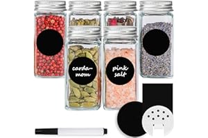 Happy Lemuro Lot de 6 pots à épices carrés de 120 ml avec saupoudreur, couvercles en métal argenté, étiquettes noires, rangement des épices, organisateur d'épices