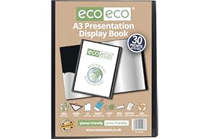 eco-eco A3 Size 50% Recycled 30 Pocket Black Presentation Display Book, Storage Case Portfolio Art Folder with Plastic Sleeves, eco198