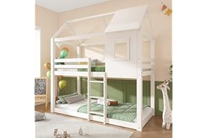 LTGB 3FT Tree House Bed, Kids Bed Frames Bunk Bed with Safety Guardrail, Convertible Ladder Window, Suitable for Kids Boys Girls Teens, White - 2022 New【UK Fast Delivery】