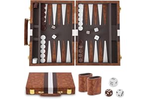 MAKDLY Backgammon Set, Travel Portable Traditional Board Game with Premium Leather Case, 11 inch 2 players Classic Handcrafted Wooden Tactical Board Strategy Game for Adults and Kids