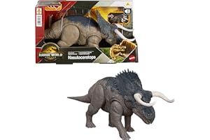 Mattel Jurassic World : Renaissance , Nasutoceratops dinosaure articulé , jouet avec morsure commandée à partir de la queue, attaque dans toutes les directions, rugissement féroce, JGC81