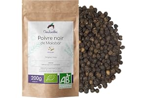 Chabiothé - Poivre noir BIO 200g - Malabar, Inde - épice grains entiers, sachet biodégradable