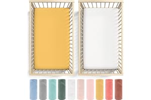 Bunnyjik 2 x Cot Bed Sheets 120x60 Fitted - 100% Pure Cotton Soft Baby Cot Sheets - Quality Combed jersey Cotton - Fits for Hauck Sleep N Play, Dream N Play Travel Cot Sheets - White + Mustard