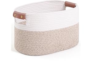 GYBOOM Woven Cotton Rope Storage Basket,Decorative Woven Basket,Decorative Baskets with Detachable Leather Handles for Closet Storage,Woven Baskets For Toy,Blanket,Book Storage (1PACK, Brown)