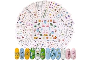 PHOGARY 60 arkuszy naklejek na paznokcie ze zjeżdżalnią wodną dla kobiet i dziewcząt żelowe zdobienie paznokci - Flower Butterfly Flaming Liście Kot Boho wzór koronkowy mieszany, ponad 1000 sztuk