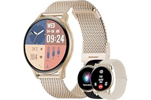 Dachma Amoled Smartwatch Damen Rund - Android mit Telefonfunktion Display Whatsapp Funktion Sprachassistent Gold Smart Watch mit 3 armbändern Silikonarmband Metallarmband