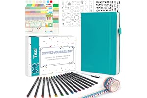 ‎FEELA Bullet Journal Buch, Feela Notizbuch A5 dotted Set mit 224 Seite Notizbuch gepunktet hardcover, Fineliner, Schablonen, Sticker, Washi-Tape, Gelstift, blaugrünes Din A5 Notizbuch PU Leder für Tagebuch
